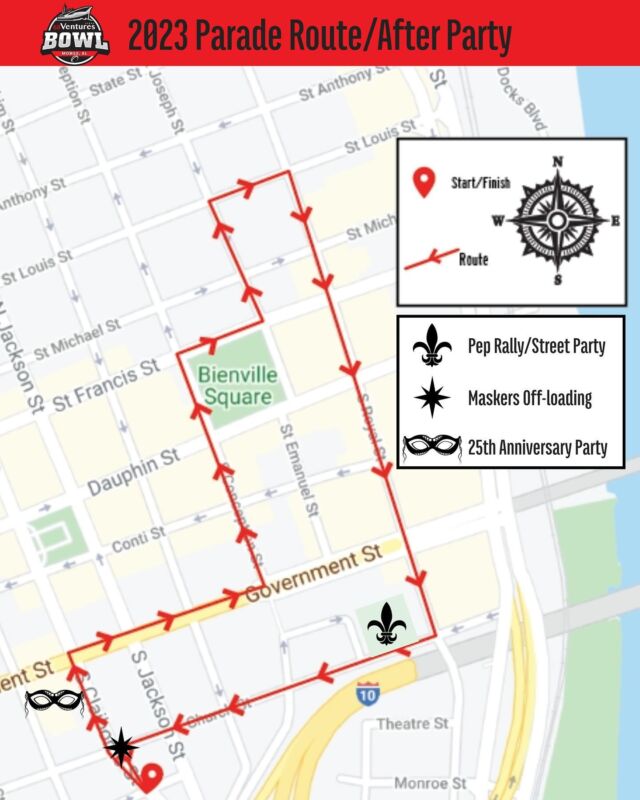 It’s a parade inside my city yeahhh‼️ Here’s a look at the 68 Ventures Bowl parade route on Friday night in downtown Mobile🚨 We hope to see you there!😆